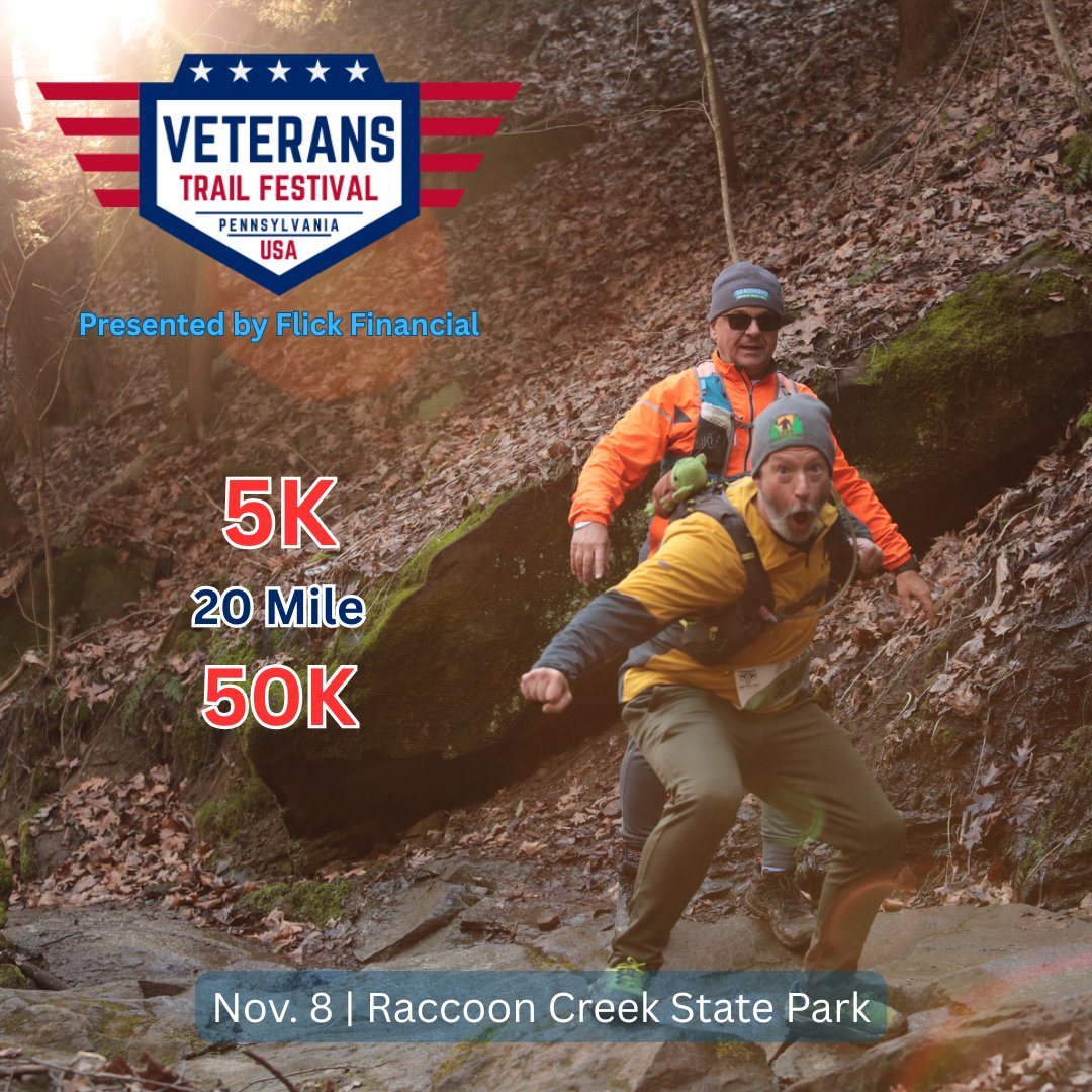 Want to support our veterans and enjoy the great outdoors? Join us at Raccoon Creek State Park on Nov 8 for the Veterans Trail Festival! 🏞️
Choose your challenge: 5K, 20 Mile, or 50K
Scenic trails, great vibes, and a cause worth every step.
Sign up now &amp; make your miles matter!