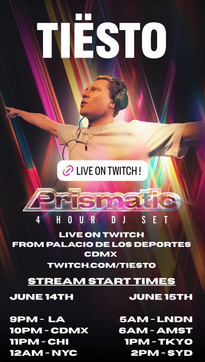 El show de Tiësto esta noche en Ciudad de México se transmitirá en vivo para el mundo a través de Twitch: twitch.tv/tiesto