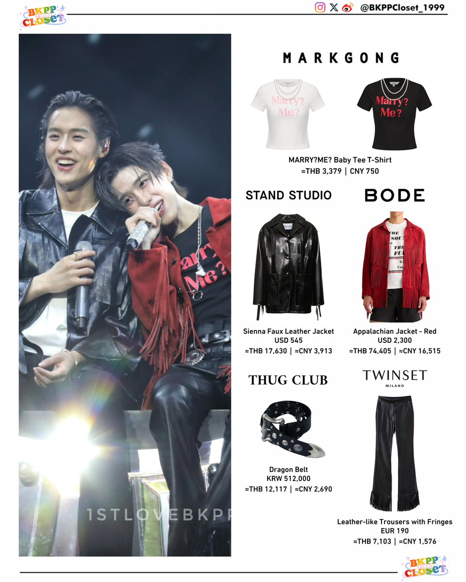 BKPPCloset_1999's tweet photo. 250614|BILLKIN & PP Krit - #BKPPWeddingConcert_D2
#MARKGONG MARRY?ME? Baby Tee T-Shirt
#StandStudio Sienna Faux Leather Jacket
#BODE Appalachian Jacket - Red
#ThugClub Dragon Belt
#TWINSET Leather-like Trousers with Fringes
cr. 1stlovebkpp
#Bbillkin #BillkinEntertainment
#PPKritt #PPKritEntertainment
#bkppcloset
#BKPPWeddingConcert