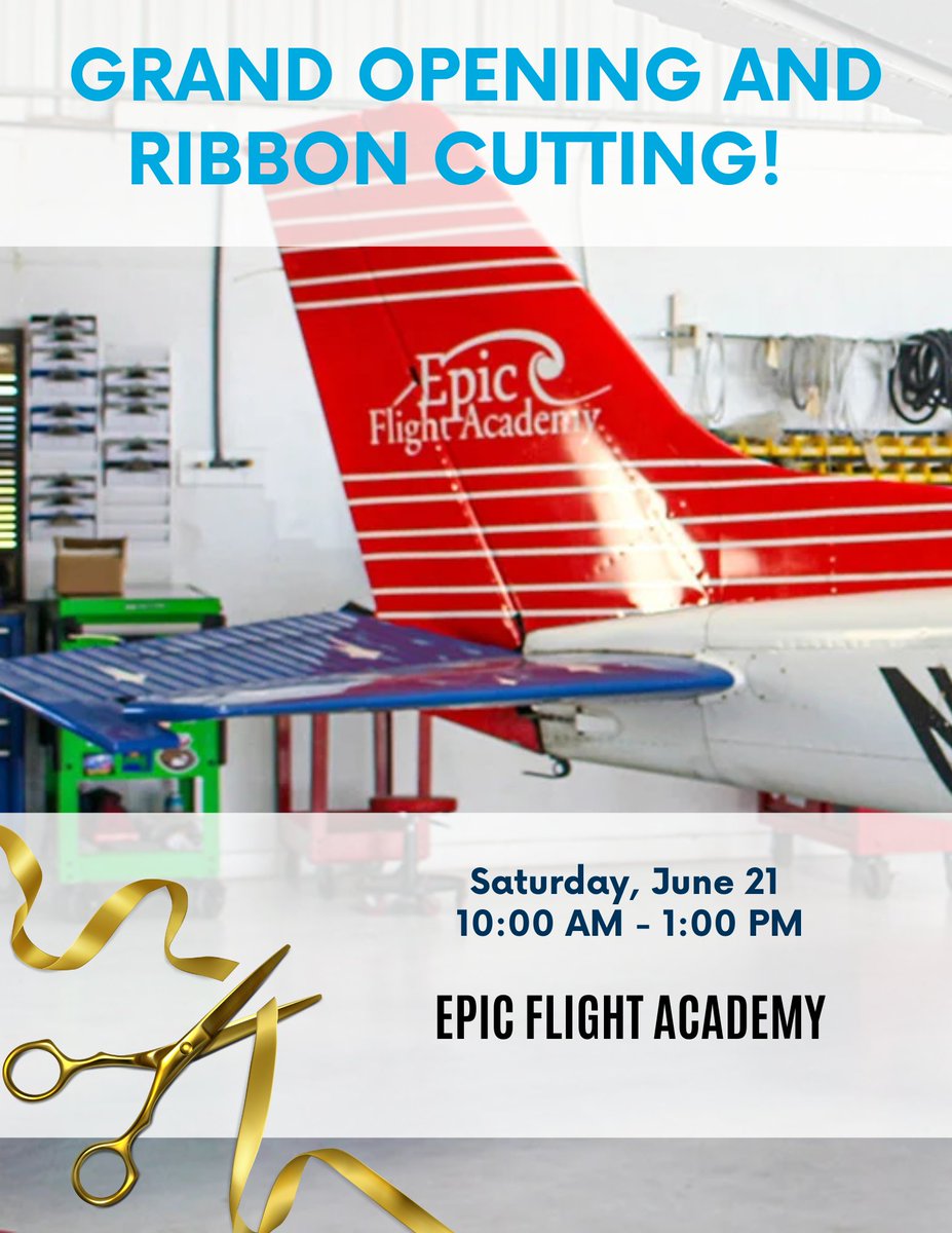 ❗Upcoming Chamber Event
✂️ Grand Opening and Ribbon Cutting: Epic Flight Academy
📅 Saturday, June 21st | 10:00 AM - 1:00 PM
📍Epic Flight Academy
🔗ow.ly/iuht50W9jXB

Something epic is taking off!  You're invited to the Grand Opening of Epic Flight Academy.