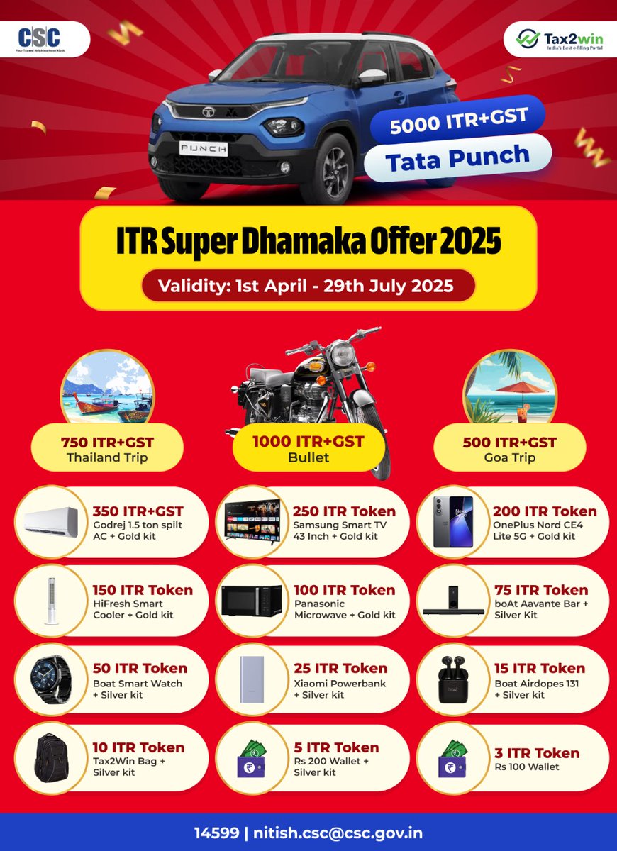 CSCeGov (@cscegov_) on Twitter photo ITR Super Dhamaka Contest...
File ITR for FY 2024-25 & WIN Exciting Prizes.
Contest Valid till 29th July, 2025...
For any queries, call us at 14599 or write to nitish.csc@csc.gov.in
#IncomeTax #FinancialInclusion #ITRFiling #CSC #Tax2Win #CSCFinance #DigitalIndia ITR Super Dhamaka Contest...
File ITR for FY 2024-25 & WIN Exciting Prizes.
Contest Valid till 29th July, 2025...
For any queries, call us at 14599 or write to nitish.csc@csc.gov.in
#IncomeTax #FinancialInclusion #ITRFiling #CSC #Tax2Win #CSCFinance #DigitalIndia