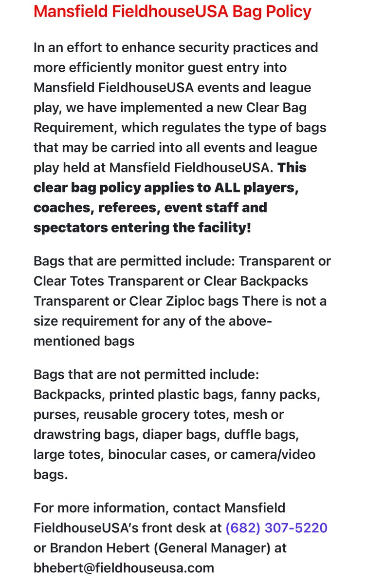 C.J. Villegas (@coachv32) on Twitter photo β οΈ REMINDER. If you are playing in the TABC Showcase at the Mansfield Fieldhouse you must adhere to the clear bag policy.
Please remind your players, spectators and fans! <a href="/Tabchoops/">ππΌπ½πΎππ</a> <a href="/JamalAnene/">Jamal Anene</a> <a href="/LeeScott_2/">Lee Scott</a> β οΈ REMINDER. If you are playing in the TABC Showcase at the Mansfield Fieldhouse you must adhere to the clear bag policy.
Please remind your players, spectators and fans! <a href="/Tabchoops/">ππΌπ½πΎππ</a> <a href="/JamalAnene/">Jamal Anene</a> <a href="/LeeScott_2/">Lee Scott</a>