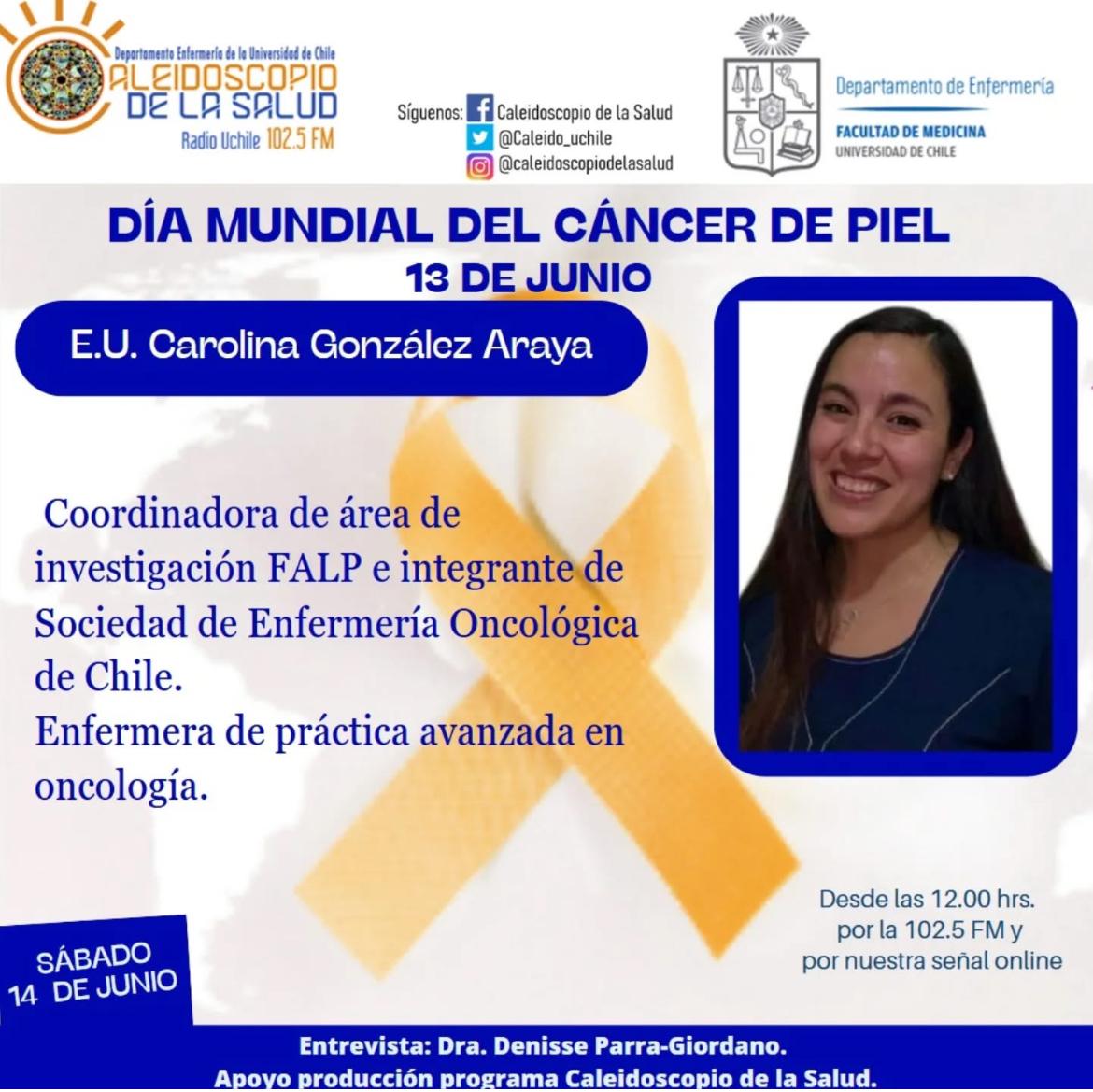 Te invitamos a escuchar la entrevista a Carolina González Araya esta semana sobre el Día Mundial del Cáncer de Piel en el <a href="/Caleido_uchile/">caleidoscopio.delasalud</a>  del Departamento de Enfermería Universidad de Chile <a href="/EnfermeriaUCh/">Departamento Enfermería Universidad De Chile</a> <a href="/revistachilenf/">Revista Chilena de Enfermería</a>  
Disponible en: radio.uchile.cl/programas/cale…