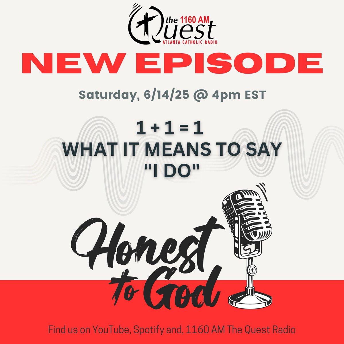 theQuestAtlanta's tweet image. New episode airs TODAY at 4pm on 1160 AM #TheQuestAtlanta. The “Honest to God” podcast engages listeners with open and honest conversations, offering a Catholic perspective, inspiring young adults to take a step on their faith journey toward Jesus. 
#honesttogod #CatholicRadio