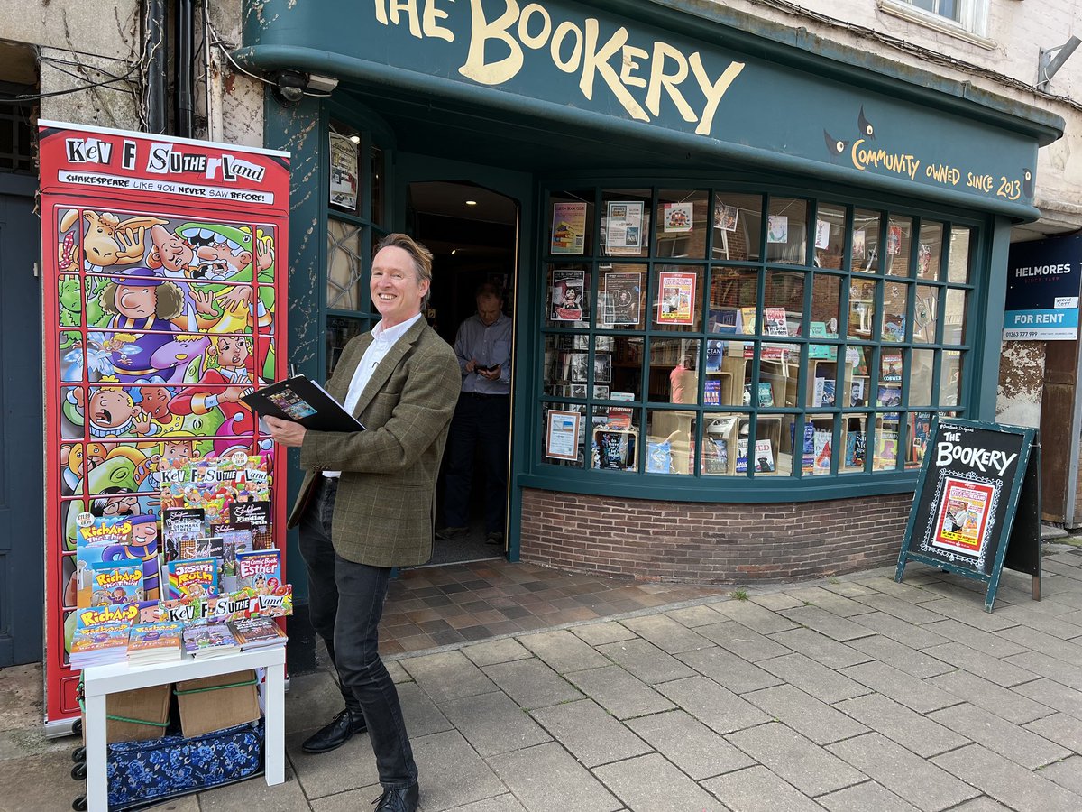 Happiness is: a morning drawing caricatures and signing books at The Bookery in Crediton in Devon. And selling… drum roll … twenty books. 

Not bad for a couple of hours in the sun. And we packed up just before the rains came. Perfick.
