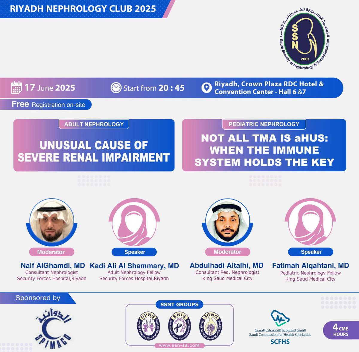 Saudi Society of Nephrology and Transplantation (@saudi_ssn) on Twitter photo Join our Riyadh Nephrology Club Seminar on Tuesday, 17/6/2025, starting from 8:45 PM at Crown Plaza RDC Hotel, Riyadh.
Registration is FREE on-site…!
4 CME HOURS.
<a href="/_KSU/">جامعة الملك سعود</a>
<a href="/ksmcmedia/">مدينة الملك سعود الطبية</a>
<a href="/aoss1317/">إدارة الجمعيات العلمية</a> Join our Riyadh Nephrology Club Seminar on Tuesday, 17/6/2025, starting from 8:45 PM at Crown Plaza RDC Hotel, Riyadh.
Registration is FREE on-site…!
4 CME HOURS.
<a href="/_KSU/">جامعة الملك سعود</a>
<a href="/ksmcmedia/">مدينة الملك سعود الطبية</a>
<a href="/aoss1317/">إدارة الجمعيات العلمية</a>