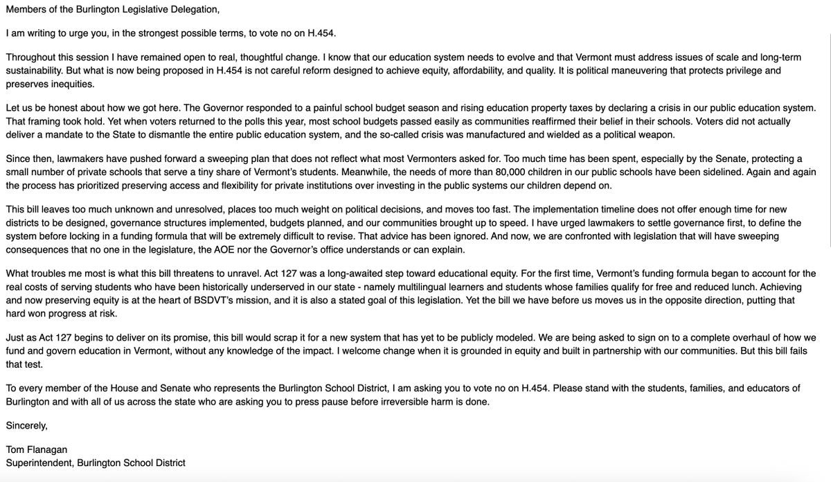 This is a letter that <a href="/tomflanaganjr/">Tom Flanagan</a> sent the #btv delegation regarding the bill this morning. If you agree, please reach out to the delegation this weekend so they know how our community feels. (Find your legislator legislature.vermont.gov/people/search/…)
The vote is Monday. #bsdvt #vtpoli