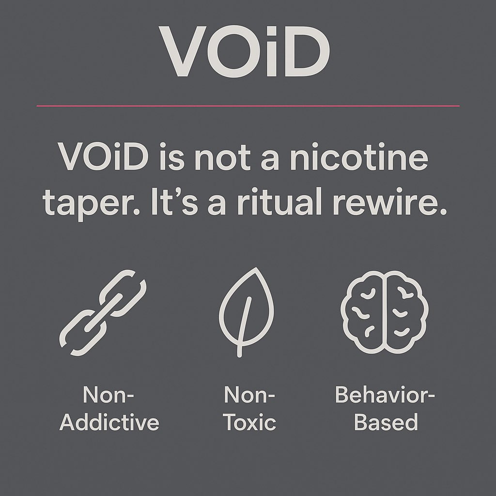 buildvoid's tweet photo. It’s not about quitting. It’s about replacing the ritual.
VOiD isn’t a nicotine patch. It’s a cleaner break — one that feels familiar without the addiction.

💬 Non-Addictive
🌿 Non-Toxic
🧠 Behavior-Based

👉🏾 We’re building this with real people. Want to shape the future of VOiD https://t.co/avYUin5ytS