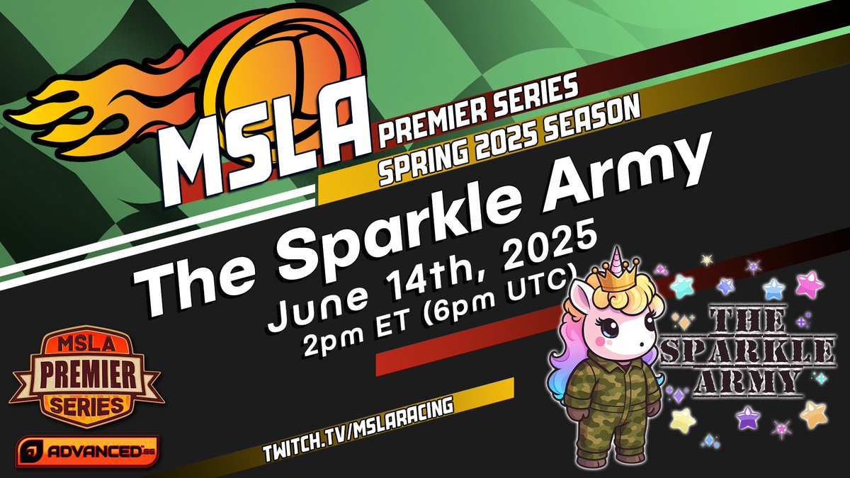 Race 10 of The MSLA Premier Series for the Spring 2025 season.

The Sparkle Army (hosted by <a href="/TiarraSpark/">♡Tiarra♡</a>) will take place starting at 2pm ET!

twitch.tv/mslaracing

#MSLA #GetInvolved