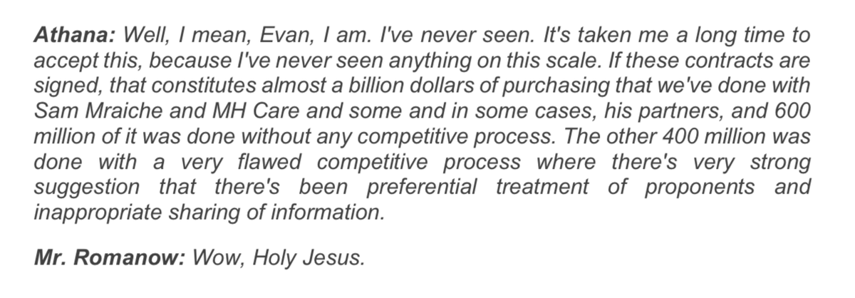 "Holy Jesus" 

$1,000,000,000 in contracts with Sam Mraiche and buddies!
What else other than playoff box seats and charter flights was received by members of government to facilitate such scandalous amounts of taxpayer dollars?