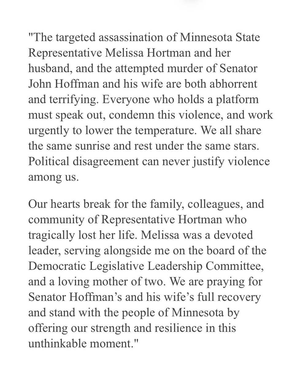 jonathanhepp's tweet image. Senate Majority Leader @AndreaSCousins Statement on the Assassination of Minnesota House Speaker Emerita Melissa Hortman and Attack on State Senator John Hoffman