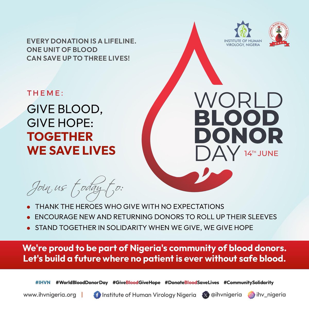 Today is World Blood Donor Day! 🩸

At IHVN, we join the world in saying a big THANK YOU to all the selfless heroes who donate blood to save lives. Every drop counts, one unit can save up to three people!
Theme: Give Blood, Give Hope: Together We Save Lives