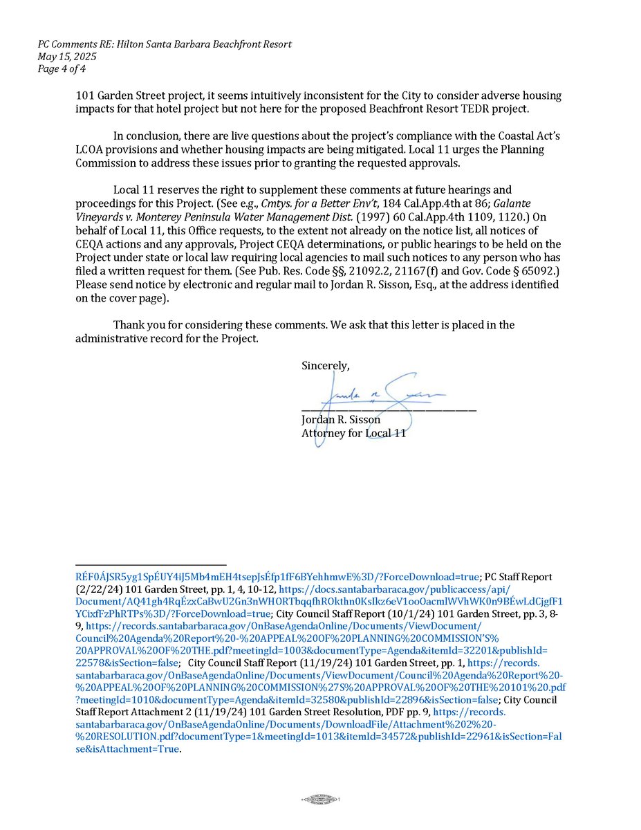 UNITE HERE Local 11 has appealed City of Santa Barbara Planning Commission approval on 5/15/2025 of Hilton Santa Barbara Beachfront Resort Project environmental review.
Hearing scheduled for 9/23/2025.
docs.santabarbaraca.gov/OnBaseAgendaOn… Item 14
Using #CEQA delays as organizing leverage.