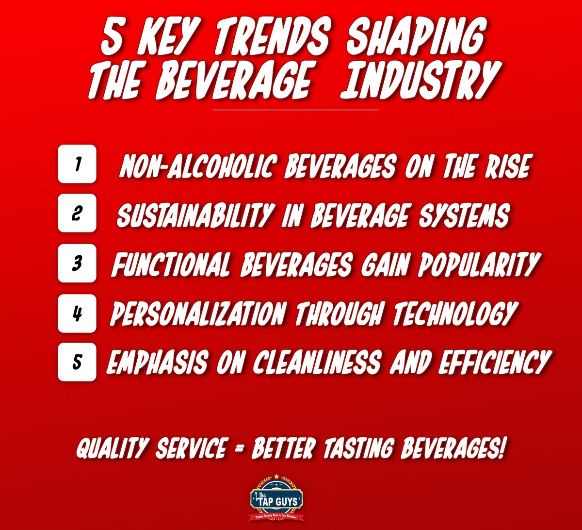 TheTapGuys's tweet image. Top 5 Beverage Trends for 2025:
1️⃣ More non-alcoholic options
2️⃣ Eco-friendly gear
3️⃣ Health-focused drinks
4️⃣ Smart tech
5️⃣ Cleaner lines = better taste
Cheers! 🍻 Comment “cheers” to learn more!
#beveragetrends #draftsystem #cleaningservice #smartservice