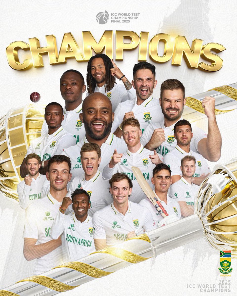 🏆 Champions of the World! 🇿🇦

Massive congratulations to the Proteas on winning the World Test Championship! 🔥 What an incredible journey — built on resilience, passion, and pure cricketing brilliance.

You’ve made the entire nation proud and shown the world what South African