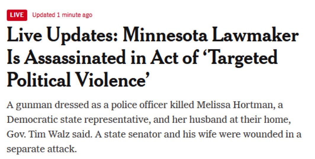 Minnesota’da Demokrat eyalet milletvekili ve Senatör silahlı saldırıya uğradı. Maalesef Melissa Hortman ve eşi hayatını kaybetmiş. Senatörün hayati tehlikesi devam ediyor.

Amerika’daki dip dalga her geçen gün kendini daha sert bir şekilde belli ediyor.