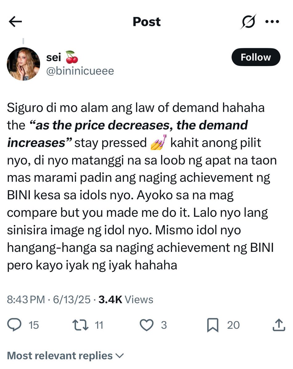 karinakatorogi's tweet photo. 🤣🤣🤣🤣 Andami kong tawa dito.

The law of SUPPLY and DEMAND. Economics 101. 
The price decreases because the supply is too much. How do you get rid of excess inventory? You lower the price. Or BOGO (buy one, get one) to at least get the capital back… 🤭

#SB19 marketability is not only due to the quality of their “product” but because they don’t over saturate the market hence the demand is always high. Why else is everything SOLD OUT every time? 

Where’s our A’tin marketing, finance and economics people here? Be KIND and educate this poor kid please?