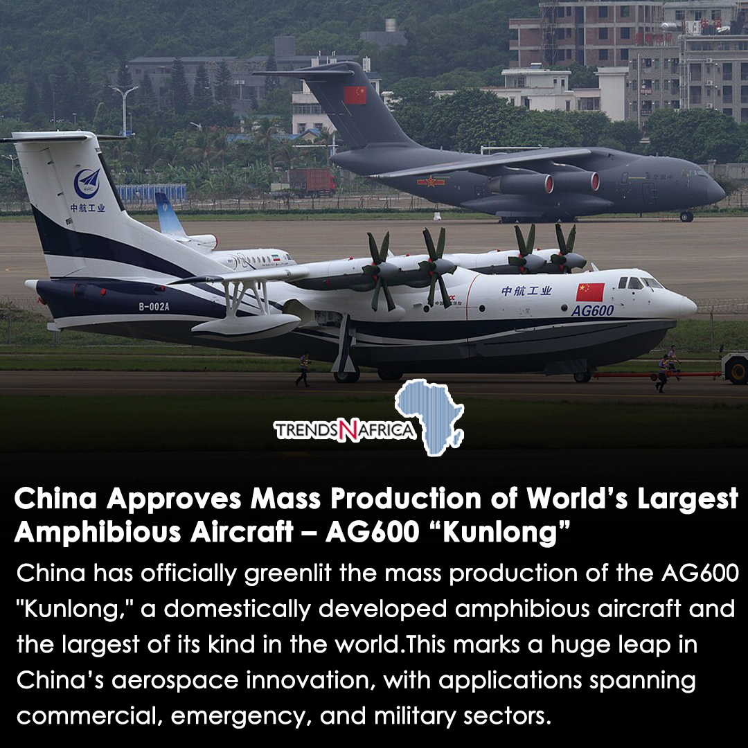🚨 China approves mass production of AG600 "Kunlong" — the world’s largest amphibious aircraft

🛩️ Flies 4,500 km
👥 Carries 50 people
💦 Drops 12T water in 20s
A game-changer for maritime rescue &amp; firefighting
🔗 trendsnafrica.com/china-approves…
#AG600 #Kunlong #ChinaAviation