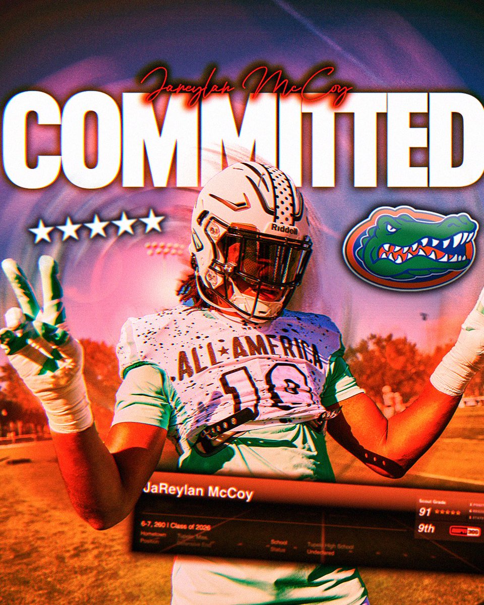 Billy Tucker (@theucreport) on Twitter photo Florida lands a commitment from 5-star DE JaReylan McCoy 🐊 <a href="/JaReylanMcCoy/">JaReylan McCoy🛸</a>
Huge get for the Gators landing a top 10 prospect in the ESPN 300 who was an Under Armour All-American as a junior. Florida lands a commitment from 5-star DE JaReylan McCoy 🐊 <a href="/JaReylanMcCoy/">JaReylan McCoy🛸</a>
Huge get for the Gators landing a top 10 prospect in the ESPN 300 who was an Under Armour All-American as a junior.