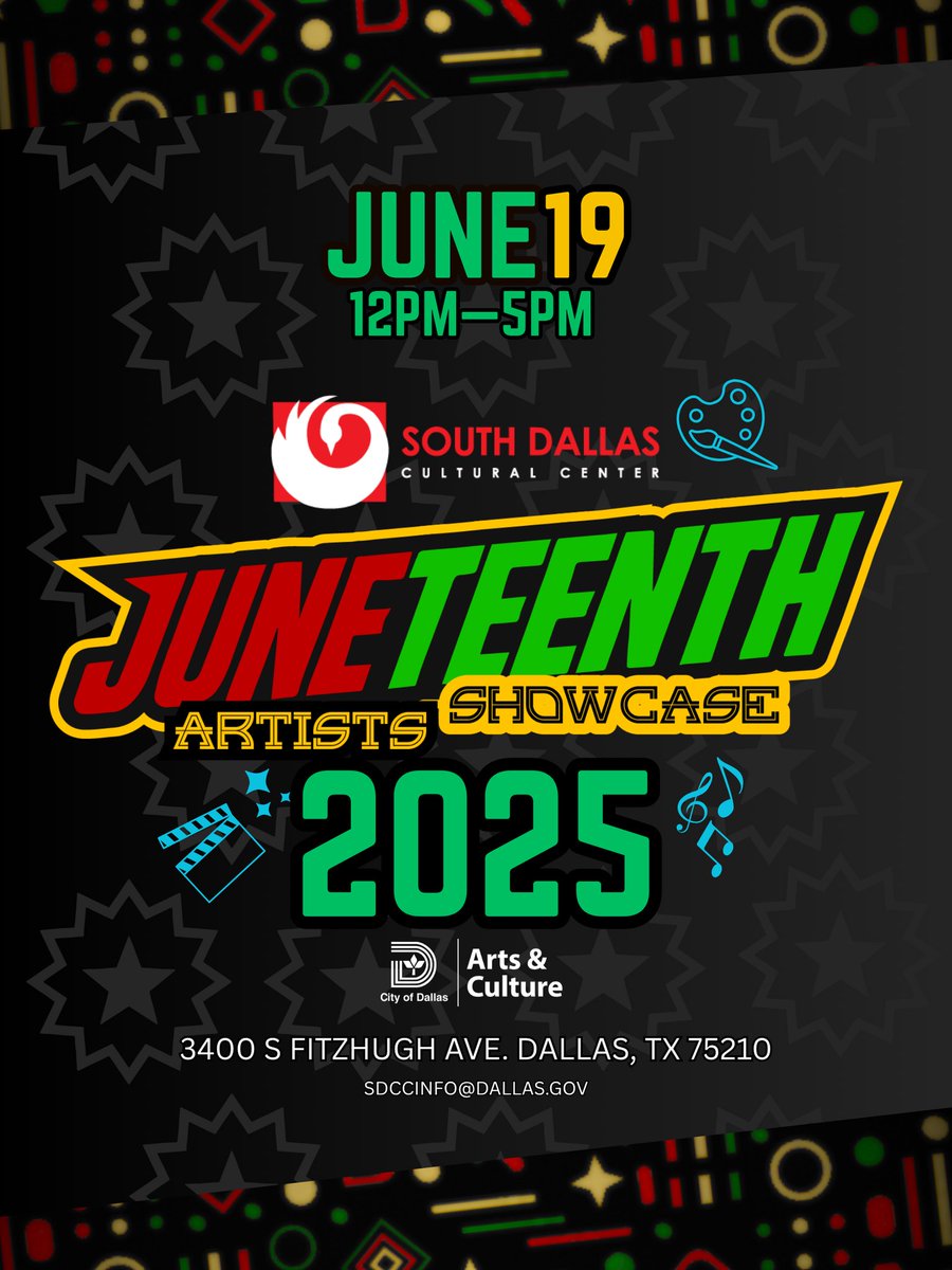 🎉 Celebrate #Juneteenth with theSouth Dallas Cultural Centerr! 🎨
Join us for the Juneteenth Artist Showcase and  enjoy art, good vibes, and fun for all ages. 🎶✨

🎟 Free entry – no sign-up needed!
📅  12–5 p.m., June 19, 2025
📍3400 S. Fitzhugh Ave., Dallas, TX 75210