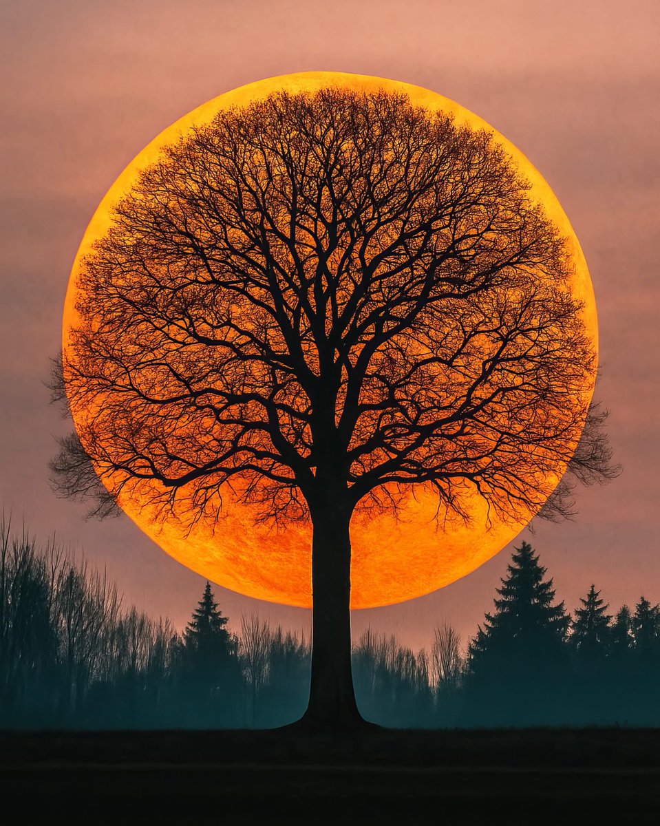 Lowest Supermoon of our lifetimes, captured three nights ago, rising behind this magnificent tree in the countryside, UK.