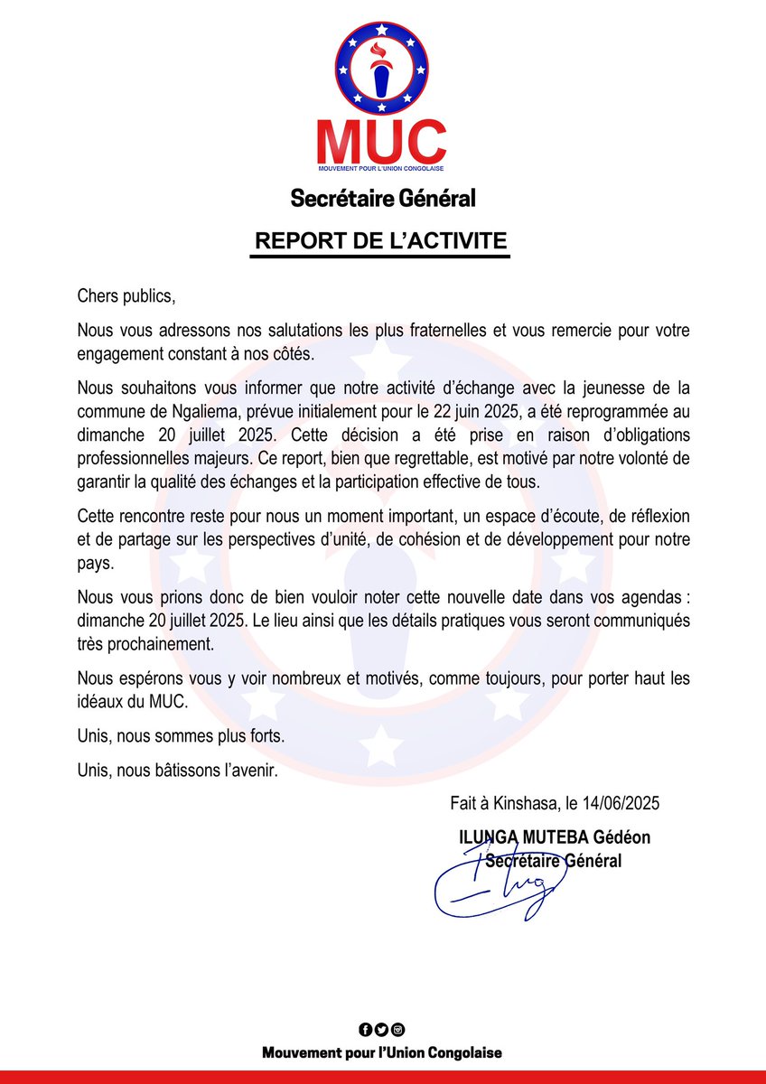 Mouvement pour l’Union Congolaise (@mouvementunion) on Twitter photo 🚨Communiqué officiel🚨
Report de l’activité.
<a href="/ATshisawu/">Aaron Badibanga Tshisawu</a> <a href="/jo_mbombo/">Jonathan David M'BOMBO T.</a> <a href="/jkalumba49/">Jonathan Kalumba</a> <a href="/IlungaGede69028/">Ilunga Gédéon</a> <a href="/omega_kasavubu/">Oméga Kasa-vubu The Godsend⚖️</a> <a href="/OnokombaO157/">Nathanael Onokomba</a> <a href="/Echocd_Media/">echo.cd</a> <a href="/pepele_news/">Pepele News</a> <a href="/arcelo_cham/">Arcelo Cham's</a> <a href="/Malu_claude/">JC JEANNICK HOMÈRE KISHIMBA MALU002🇨🇩</a> <a href="/Gedeonpepe/">Gedeon Pepe</a> <a href="/Dev_Wassa/">David Wassa</a> <a href="/l_jimanel/">Coach Jimanel LWIGULIRA</a> <a href="/CitoyenLibota/">Mouvement Citoyen Libota</a> <a href="/CostaSwedi21/">Costa Swedi</a> 🚨Communiqué officiel🚨
Report de l’activité.
<a href="/ATshisawu/">Aaron Badibanga Tshisawu</a> <a href="/jo_mbombo/">Jonathan David M'BOMBO T.</a> <a href="/jkalumba49/">Jonathan Kalumba</a> <a href="/IlungaGede69028/">Ilunga Gédéon</a> <a href="/omega_kasavubu/">Oméga Kasa-vubu The Godsend⚖️</a> <a href="/OnokombaO157/">Nathanael Onokomba</a> <a href="/Echocd_Media/">echo.cd</a> <a href="/pepele_news/">Pepele News</a> <a href="/arcelo_cham/">Arcelo Cham's</a> <a href="/Malu_claude/">JC JEANNICK HOMÈRE KISHIMBA MALU002🇨🇩</a> <a href="/Gedeonpepe/">Gedeon Pepe</a> <a href="/Dev_Wassa/">David Wassa</a> <a href="/l_jimanel/">Coach Jimanel LWIGULIRA</a> <a href="/CitoyenLibota/">Mouvement Citoyen Libota</a> <a href="/CostaSwedi21/">Costa Swedi</a>