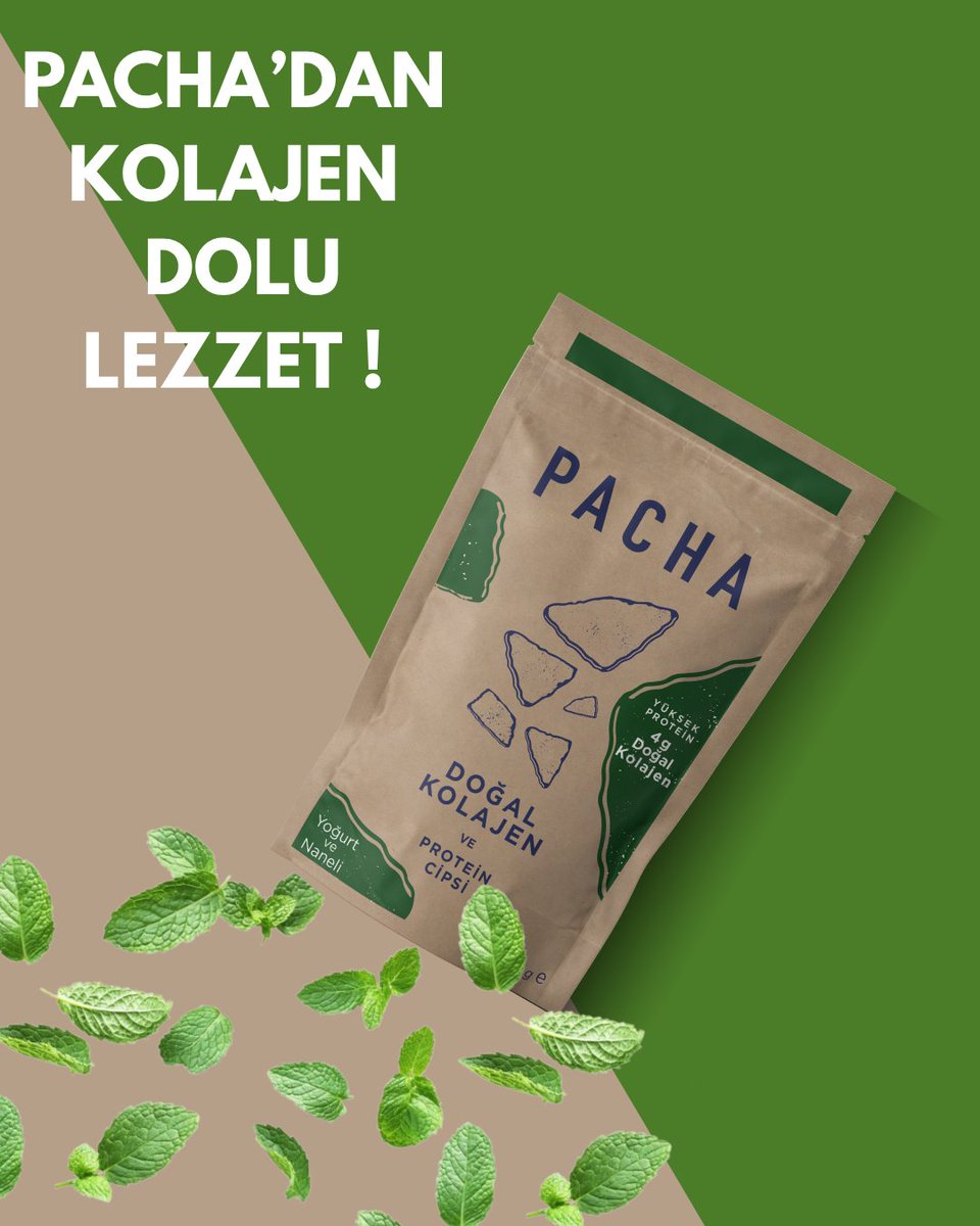 🌿 Serinletici bir dokunuş, proteinle buluştu!  

Yoğurt &amp; nane aromalı PACHA Kolajenli Cips:  
💚 Yüksek protein  
❌ Katkısız içerik  
🌱 Gerçek nane ferahlığı  

Formuna lezzet kat!  

#pachanaturalcollagen #kolajencipsi #yoğurtlunanecips #sağlıklıatıştırmalık #yüksekprotein
