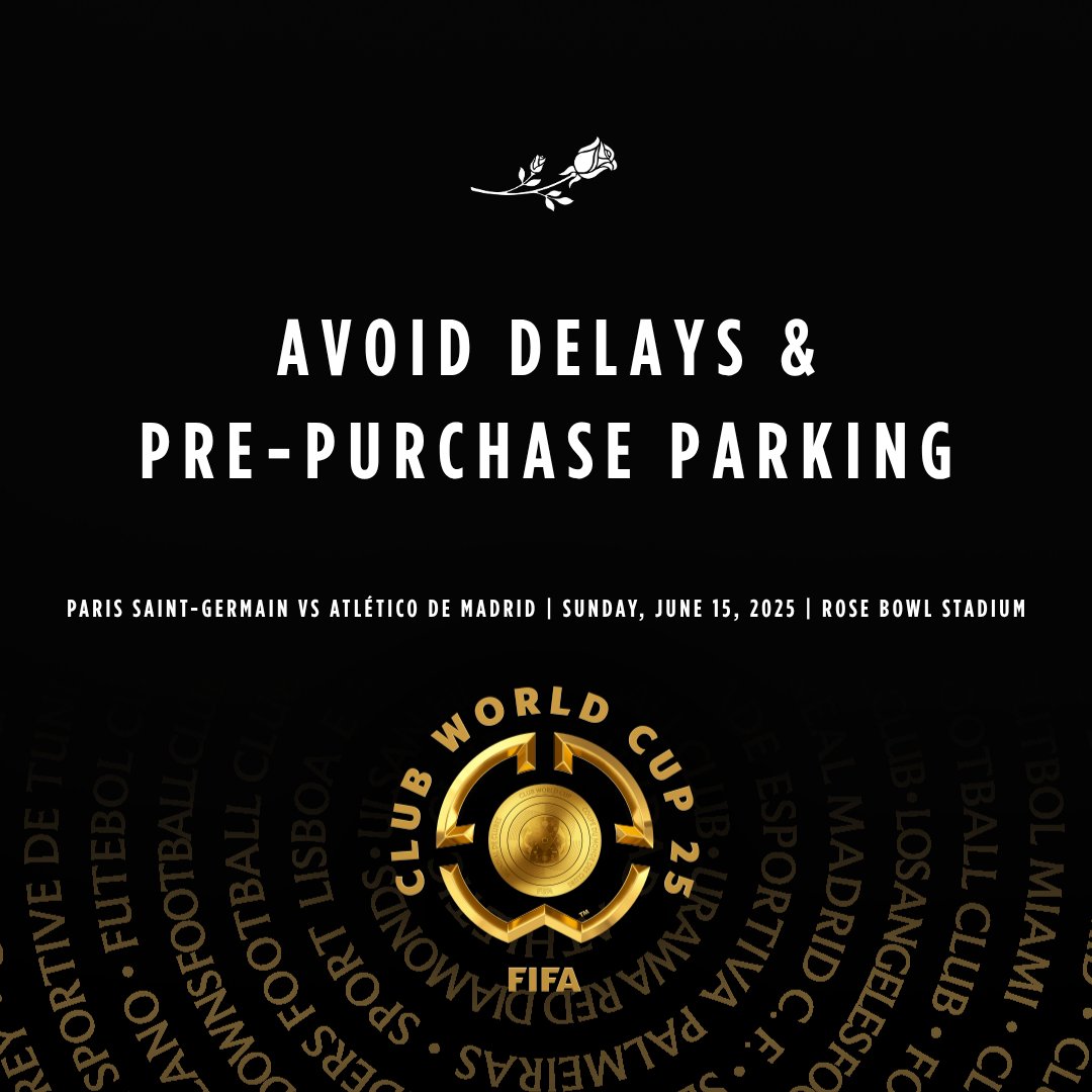 Rose Bowl Stadium (@rosebowlstadium) on Twitter photo Important Reminder ‼️ Purchase parking for tomorrow's match now: eventpass.justpark.com/rosebowlstadiu…
Advance parking must be purchased by 11:45 PM PST on Saturday, June 14th.
<a href="/FIFACWC/">FIFA Club World Cup</a> #FIFACWC #RoseBowlStadium Important Reminder ‼️ Purchase parking for tomorrow's match now: eventpass.justpark.com/rosebowlstadiu…
Advance parking must be purchased by 11:45 PM PST on Saturday, June 14th.
<a href="/FIFACWC/">FIFA Club World Cup</a> #FIFACWC #RoseBowlStadium