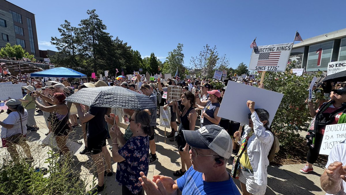 The “No Kings” protest/rally has begun at the Marriott Library Plaza on the University of Utah campus.