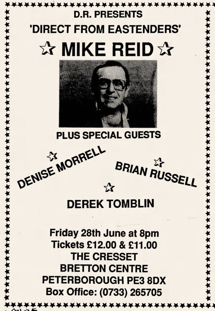 TvDidYouSee's tweet image. #OnThisDay 28 June 1991
Hurry yourself along to The Cresset in Peterborough where D.R. presents, direct from #EastEnders, #MikeReid - plus special guests Denise Morrell, Brian Russell and Derek Tomblin.