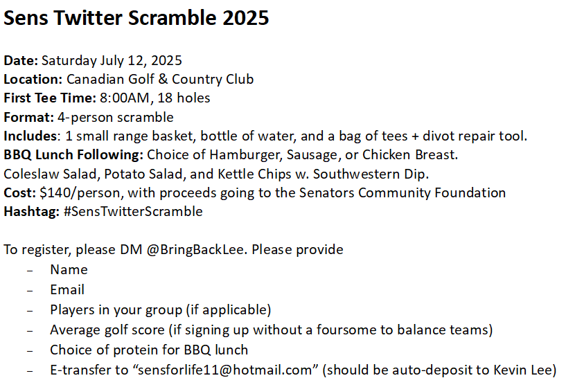 Kevin Lee (@bringbacklee) on Twitter photo One month away from the #SensTwitterScramble! Sign up as a team or individual. Pinto signed jersey + more to be raffled off, and Sens trivia from Ian Mendes following the golf.
Can I get a RT <a href="/SensCentral/">Locked On Senators</a> <a href="/LalimesMartian/">Martian</a> <a href="/senstalk_/">SENS TALK</a> <a href="/EverydaySens/">Everyday Sens</a> <a href="/SensChirp/">SensChirp</a> <a href="/SensProspects/">Sens Prospects</a> One month away from the #SensTwitterScramble! Sign up as a team or individual. Pinto signed jersey + more to be raffled off, and Sens trivia from Ian Mendes following the golf.
Can I get a RT <a href="/SensCentral/">Locked On Senators</a> <a href="/LalimesMartian/">Martian</a> <a href="/senstalk_/">SENS TALK</a> <a href="/EverydaySens/">Everyday Sens</a> <a href="/SensChirp/">SensChirp</a> <a href="/SensProspects/">Sens Prospects</a>