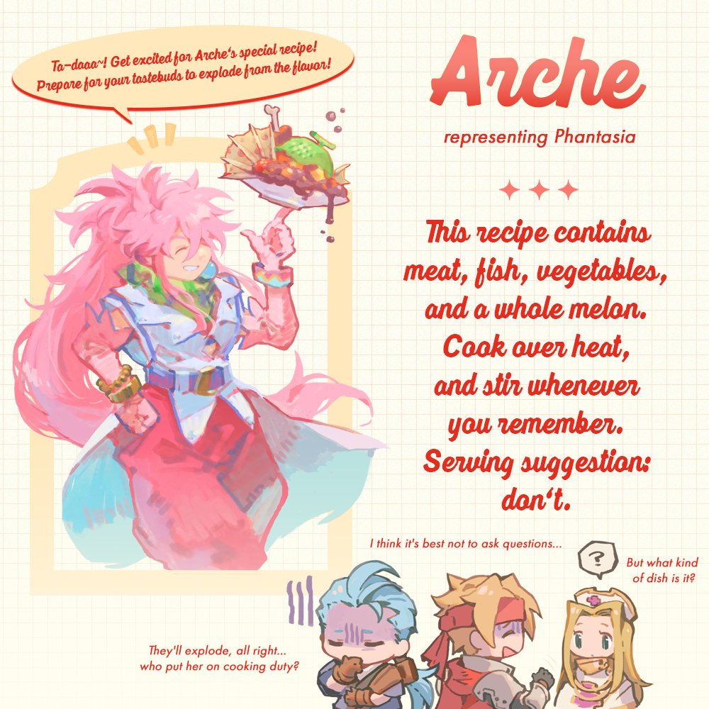 “Ta-daa~! Get excited for Arche's special recipe ❤”

👸CHEF: Arche, representing Phantasia
🍳SECRET RECIPE: ✨Arche's Special✨

Give it up for Arche, the prodigy of innovation sweeping past all her competition on her broom! Why, who else could have thought of adding a melon? 😋