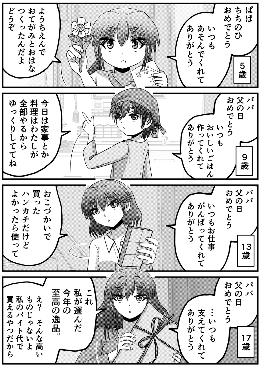 7/7
続きや他のお話はこちらから!https://t.co/yzWllqHsfq

基本、パパがデレることが多く、娘さんの表情はほぼ変わりません。
だいじなことなので何度も言います。デレるのはパパです。
そのあたりを肝に銘じてお読みいただければ幸いです。

デレるのはパパです。

すべてのパパに幸あれ。 