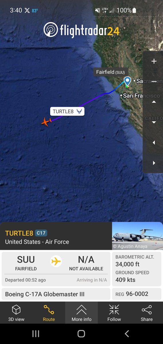 sipjack1776's tweet photo. C-17A
#AE07EC
96-002/TURTLE8
Tracking west out of Travis AFB 
@Borrowed7Time https://t.co/7NivfTuf2n