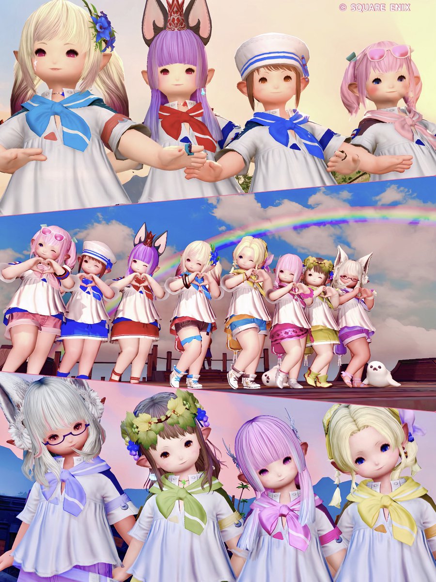 miniminiha's tweet photo. (*´∇｀*)おはララですっ🌈🐰
ぱすフラ💕みんなでコスタの虹😍きれいきゅ〜🫶

🍋日曜日✨みなさんがリフレッシュできますように🌈🐈
　#おはララ　#ぱすフラ　#ララフェル　#FF14 https://t.co/Tqzd0BXIn0