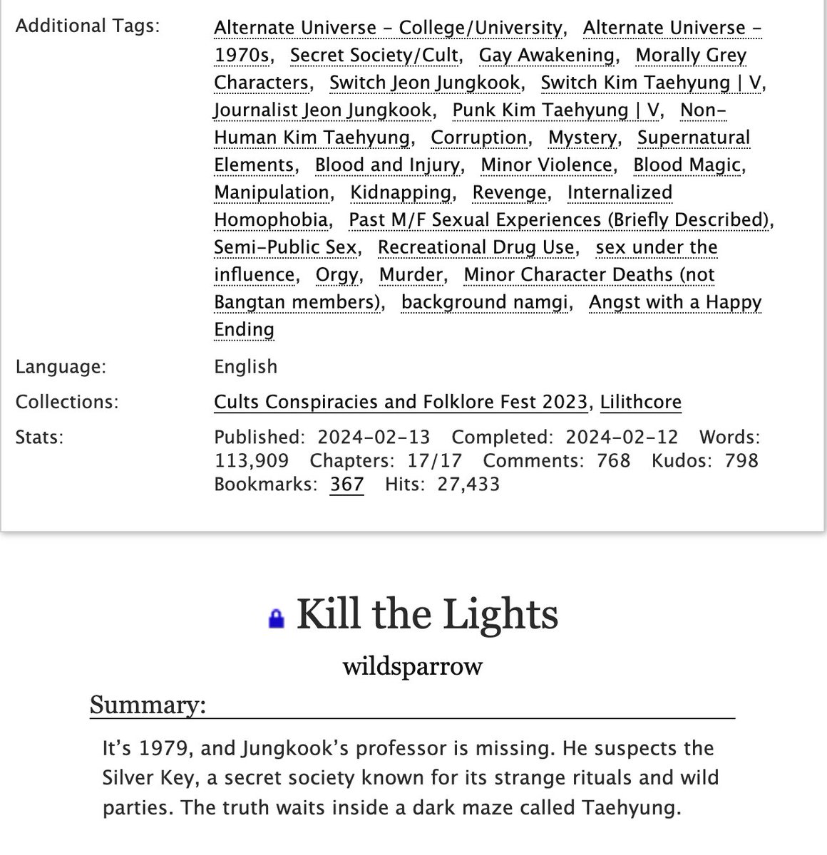wildsparrow_95's tweet photo. Kill the Lights

Relationship: Non-Human TH / College Student JK
Tags: 1970s, College AU, Dark Supernatural, Cult
Rating: Explicit 🔞 (read all tags)
Length: 114K (completed)

https://t.co/Qsm5CF4bS7 https://t.co/s0oitSgBva