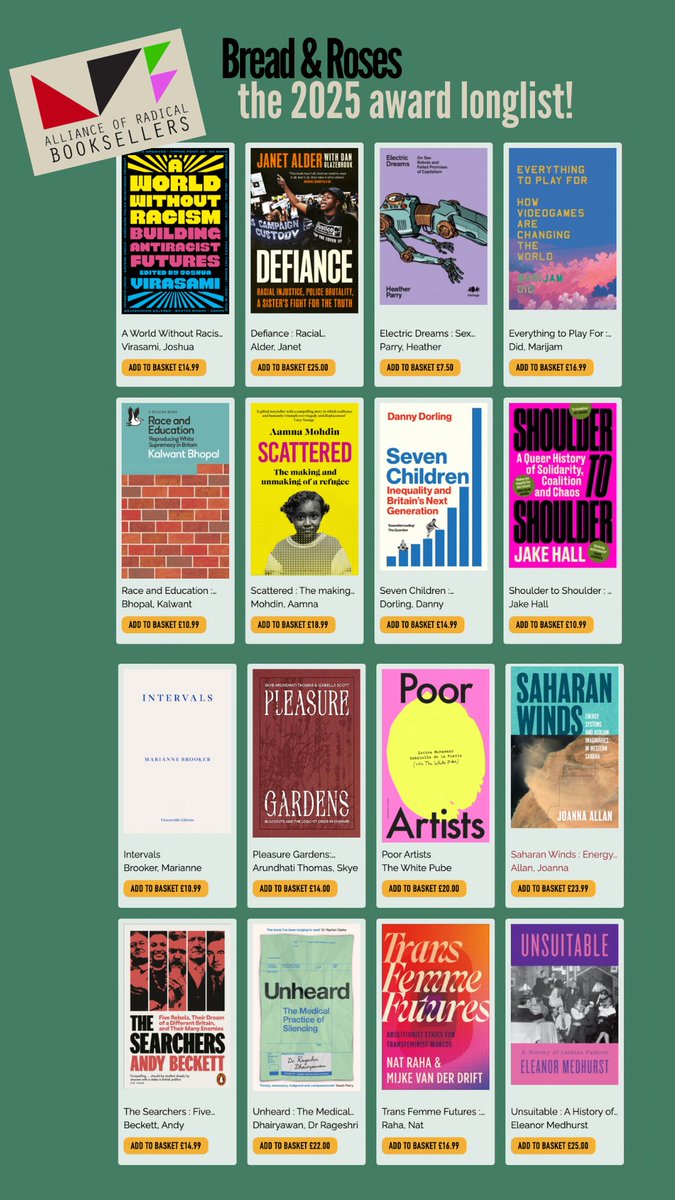 Alliance of Radical Booksellers (@arbooksellers) on Twitter photo We've launched the Bread & Roses Award longlist to mark the start of #IndependentBookshopWeek!
The award for political writing is presented by the ARB, so celebrate both by picking up one of these beauties from your fave radical bookshop!
breadandrosesprize.wordpress.com/2025/06/14/bre…
#BreadAndRoses We've launched the Bread & Roses Award longlist to mark the start of #IndependentBookshopWeek!
The award for political writing is presented by the ARB, so celebrate both by picking up one of these beauties from your fave radical bookshop!
breadandrosesprize.wordpress.com/2025/06/14/bre…
#BreadAndRoses