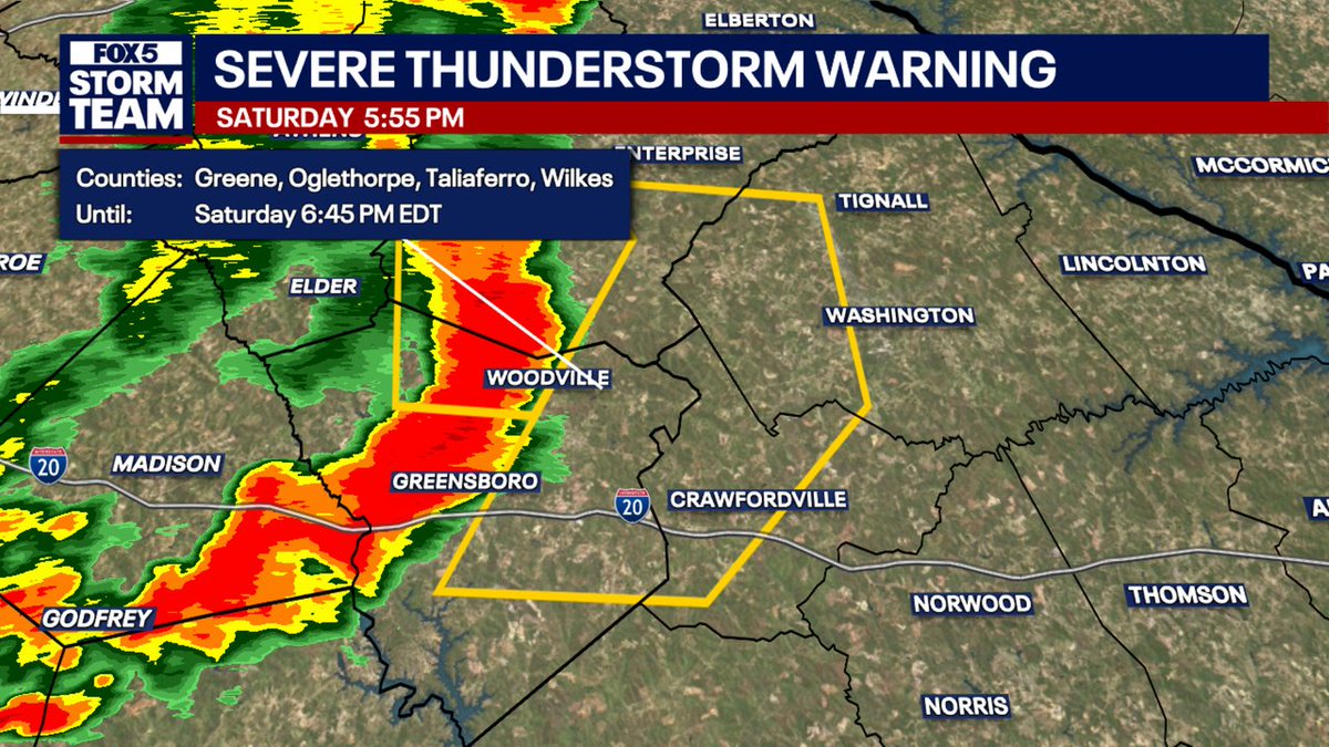 A Severe T-Storm Warning has been issued for Greene, Taliaferro, Wilkes, Oglethorpe Counties until 6/14 6:45PM.