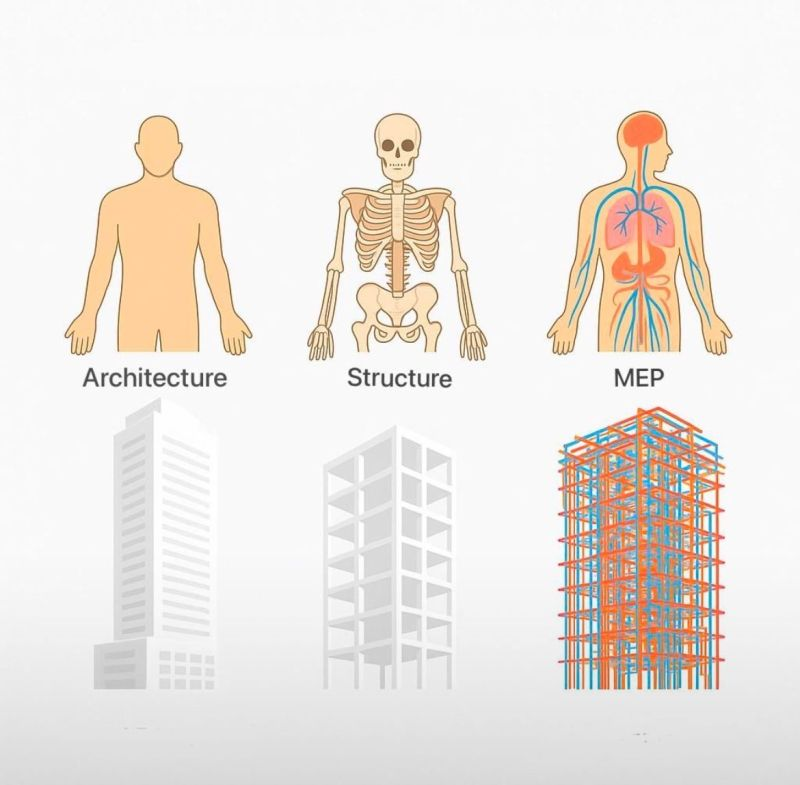 Las edificaciones comparadas con el cuerpo humano.

La arquitectura
La estructura
Las instalaciones.