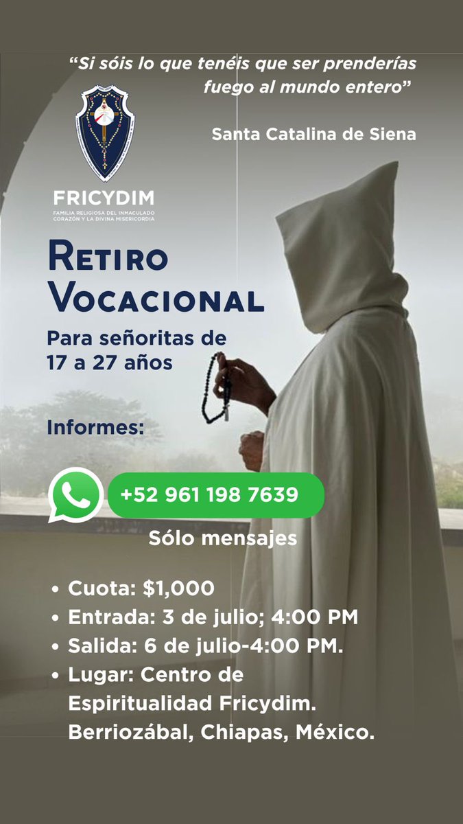 MiCoraznInwwsn's tweet photo. Joven de 17 a 27 años, te invitamos a nuestro retiro vocacional femenino del 3 al 6 de julio, en Berriozábal, Chiapas, un encuentro para unirte a los Sagrados Corazones de Jesús y María. Inmaculado Corazón! Para más información, envía un WhatsApp al +52 961 198 7639. https://t.co/tmUf617nja