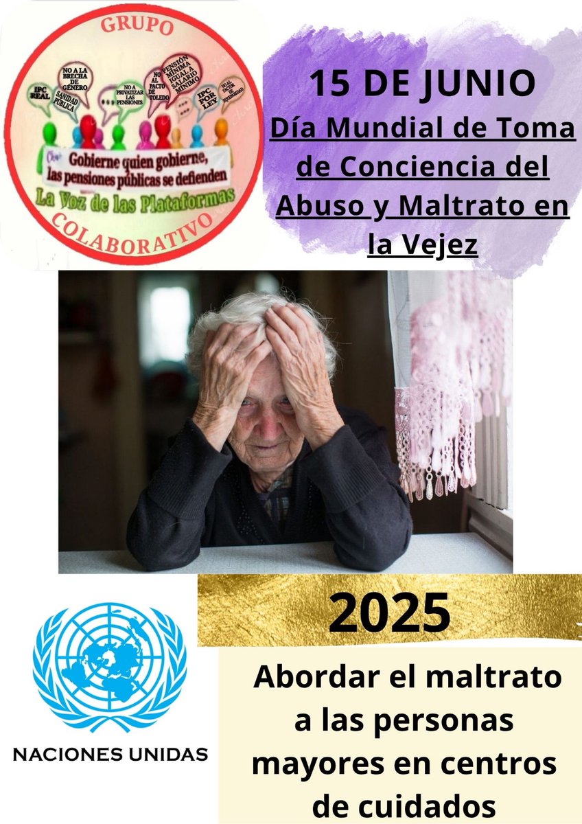 Marea Pensionista.Coordinadora Baix Llobregat Nord (@mareanord) on Twitter photo #15Junio
#MayoresSinMaltrato
*15 de Junio Día Mundial de Toma de Conciencia del Abuso y Maltrato a las Personas Adultas Mayores*
<a href="/pensionazo_no/">G. C. LA VOZ de LAS PLATAFORMAS</a>
<a href="/PorLaUnidadPens/">@PorLaUnidadSocial</a>
<a href="/LaVozenIgualdad/">La Voz de las Plataformas por la igualdad.</a> #15Junio
#MayoresSinMaltrato
*15 de Junio Día Mundial de Toma de Conciencia del Abuso y Maltrato a las Personas Adultas Mayores*
<a href="/pensionazo_no/">G. C. LA VOZ de LAS PLATAFORMAS</a>
<a href="/PorLaUnidadPens/">@PorLaUnidadSocial</a>
<a href="/LaVozenIgualdad/">La Voz de las Plataformas por la igualdad.</a>
