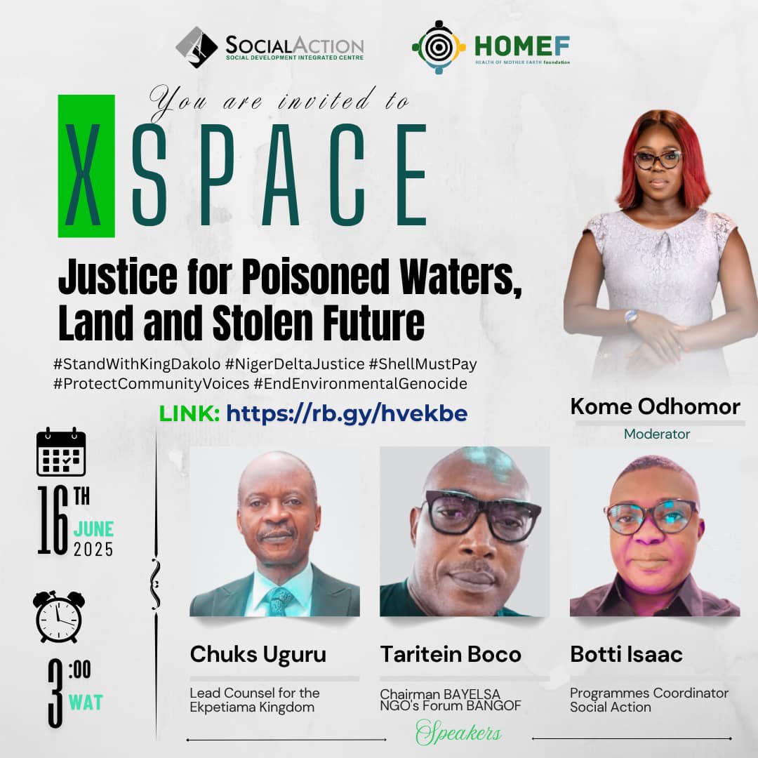 Social Action (@socialactionng) on Twitter photo Be part of the conversation as we delve into the injustices of SHELL in the Niger Delta region. It is time to lend your voice. <a href="/EcoHomef/">Health of Mother Earth</a> <a href="/NnimmoB/">Nnimmo</a> <a href="/wethepeoplecamp/">wethepeoplenigeria</a> <a href="/oilwatchafrica1/">oilwatchafrica</a> <a href="/UNFCCC/">UN Climate Change</a> <a href="/nigerdeltaforum/">Niger Delta Forum</a> Be part of the conversation as we delve into the injustices of SHELL in the Niger Delta region. It is time to lend your voice. <a href="/EcoHomef/">Health of Mother Earth</a> <a href="/NnimmoB/">Nnimmo</a> <a href="/wethepeoplecamp/">wethepeoplenigeria</a> <a href="/oilwatchafrica1/">oilwatchafrica</a> <a href="/UNFCCC/">UN Climate Change</a> <a href="/nigerdeltaforum/">Niger Delta Forum</a>
