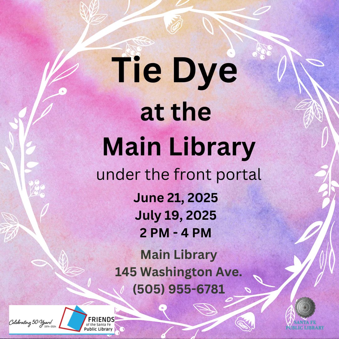 sfpl's tweet image. #TieDye

#MainLibrary Portal
Saturday, June 21, 2025
2:00pm - 4:00pm

Bring your new or recycled items to the Main Library for an afternoon of #TieDyeing!