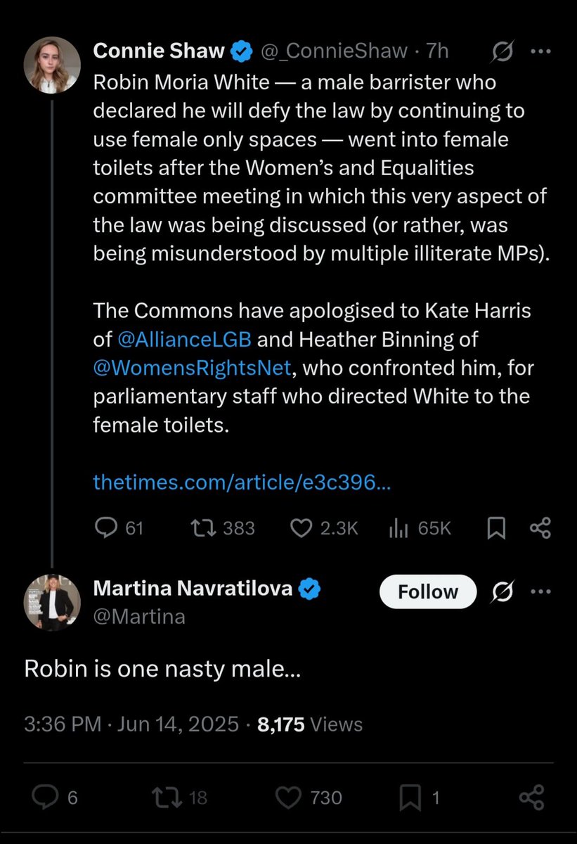 Isn't it mad that <a href="/BBCSport/">BBC Sport</a> let go of Gary Lineker, and yet Martina Navratilova gets to do Wimbledon while calling a trans woman a "nasty male" because she simply used a woman's toilet.

Where is the line?