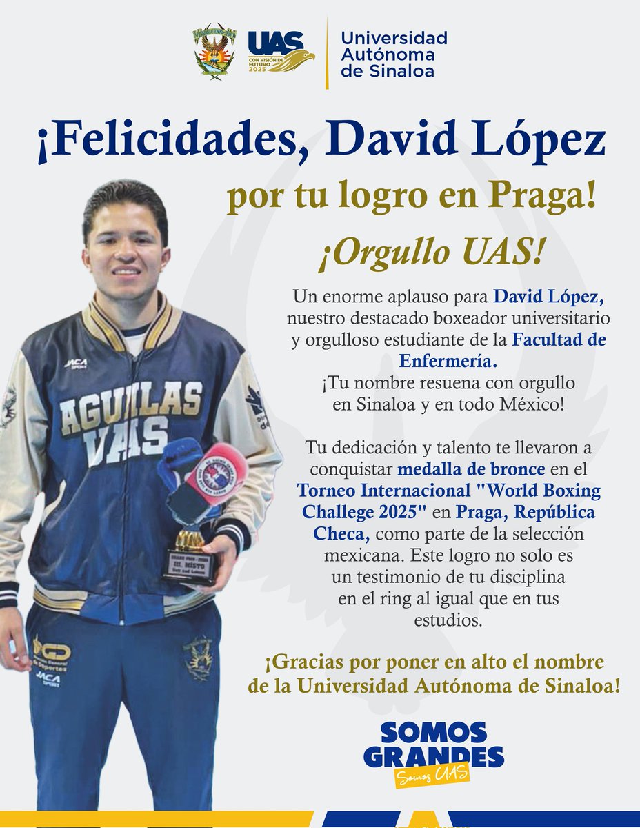 ¡Felicidades, David López, por tu logro en Praga! 

Un enorme aplauso para David López, nuestro destacado boxeador universitario y orgulloso estudiante de la Facultad de Enfermería. ¡Tu nombre resuena con orgullo en Sinaloa y en todo México! #OrgulloUAS #SomosGrandesSomosUAS