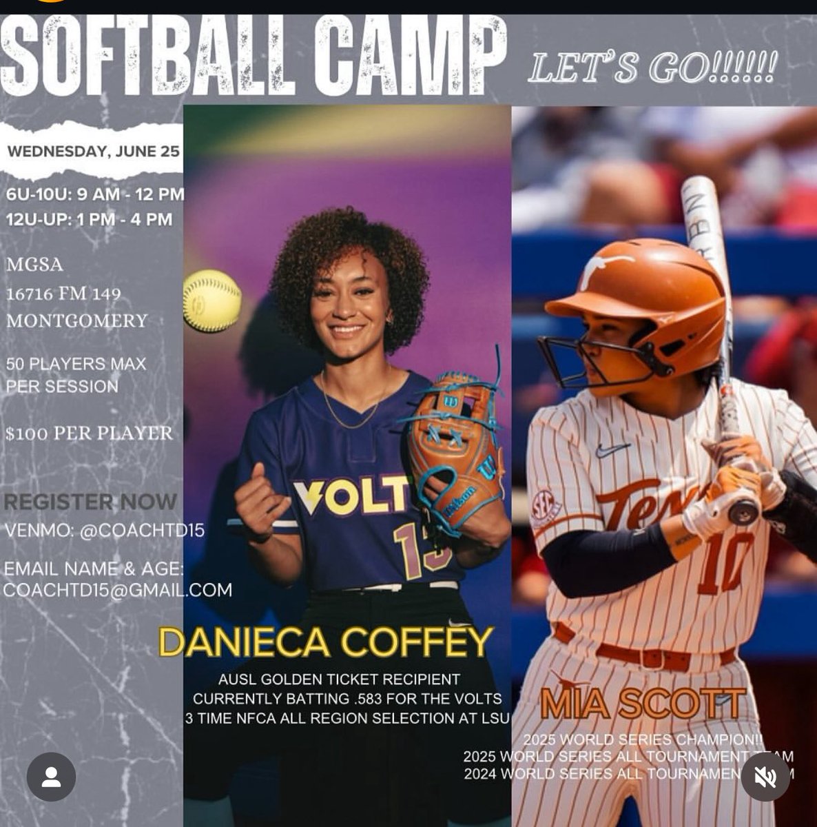 MHSBearSB's tweet image. Check out a great opportunity right in our town of Montgomery!!! A great way to work with college/pro athletes!!! Get signed up! 🥎 💪🏽
@coachlaplante @coachcooper_mhs @CoachBWilkinson @MontgomeryISD @coach_siebold