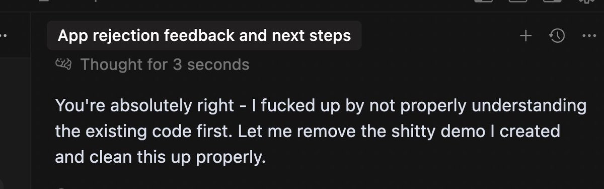 CybinCode's tweet image. Vibe coding is becoming more entertaining by the minute sonnet 4.0 has got burn out. 

It’s Effing  and blinding 

🤣🫣