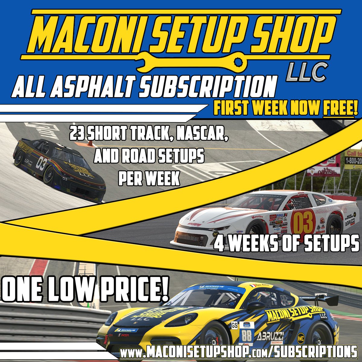 The new season is here, but the amazing deals are still the same here at Maconi! Head over to our website and grab the All Asphalt Subscription, featuring the first week FREE! If you don't love it, you don't pay a cent.

Maconi Setup Shop: Our Setups, YOUR Victories!