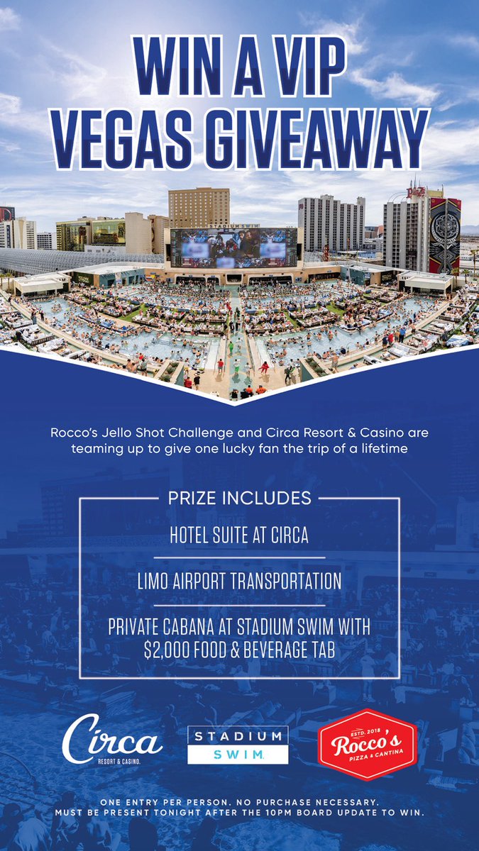 CWS Jello Shot Challenge (@cwsshotboard) on Twitter photo Here we go! <a href="/CircaLasVegas/">Circa Las Vegas</a> loves the charitable aspect of the challenge and wants to reward fans! From 5pm-10pm come down to the Jello Shot Room and fill out a free raffle ticket. One lucky winner gets the prize package! Drawing will be at 10pm must be present to win! Here we go! <a href="/CircaLasVegas/">Circa Las Vegas</a> loves the charitable aspect of the challenge and wants to reward fans! From 5pm-10pm come down to the Jello Shot Room and fill out a free raffle ticket. One lucky winner gets the prize package! Drawing will be at 10pm must be present to win!