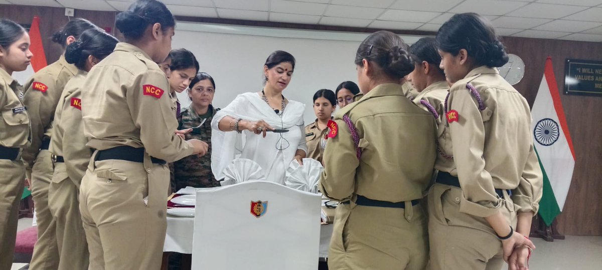 Gphqjammuncc's tweet image. Mrs. Gurpreet Bevli, spouse of Maj Gen Bevli, conducted an elegant workshop on Dining Etiquette &amp;amp; Social Graces for CATC-4 cadets—instilling poise, polish, and charm through engaging insights and hands-on training. A masterclass in refinement! #NCC #Etiquette #Leadership